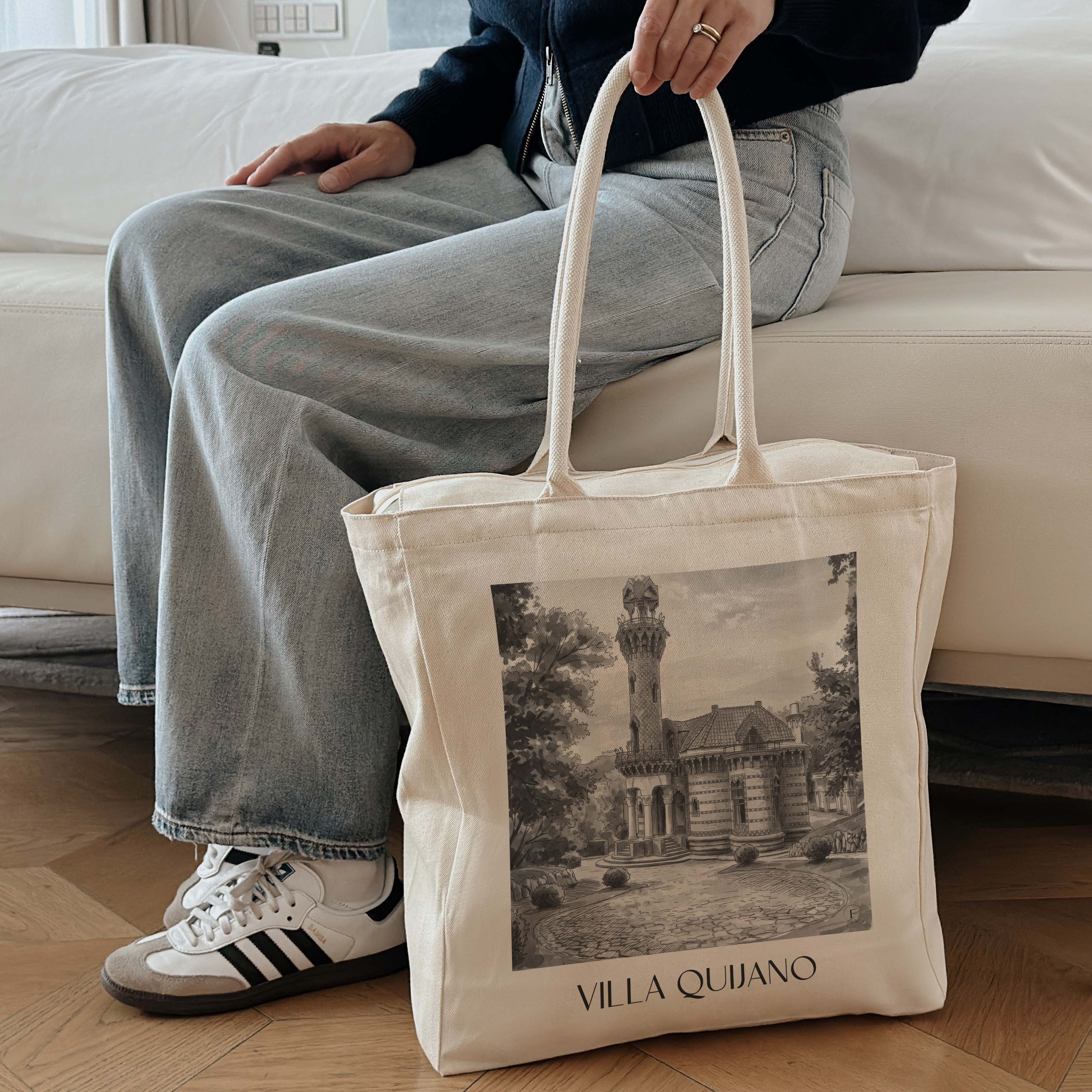 villa-quijano-comillas-spanien-einkaufstasche-aquarell-schwarz-weiss