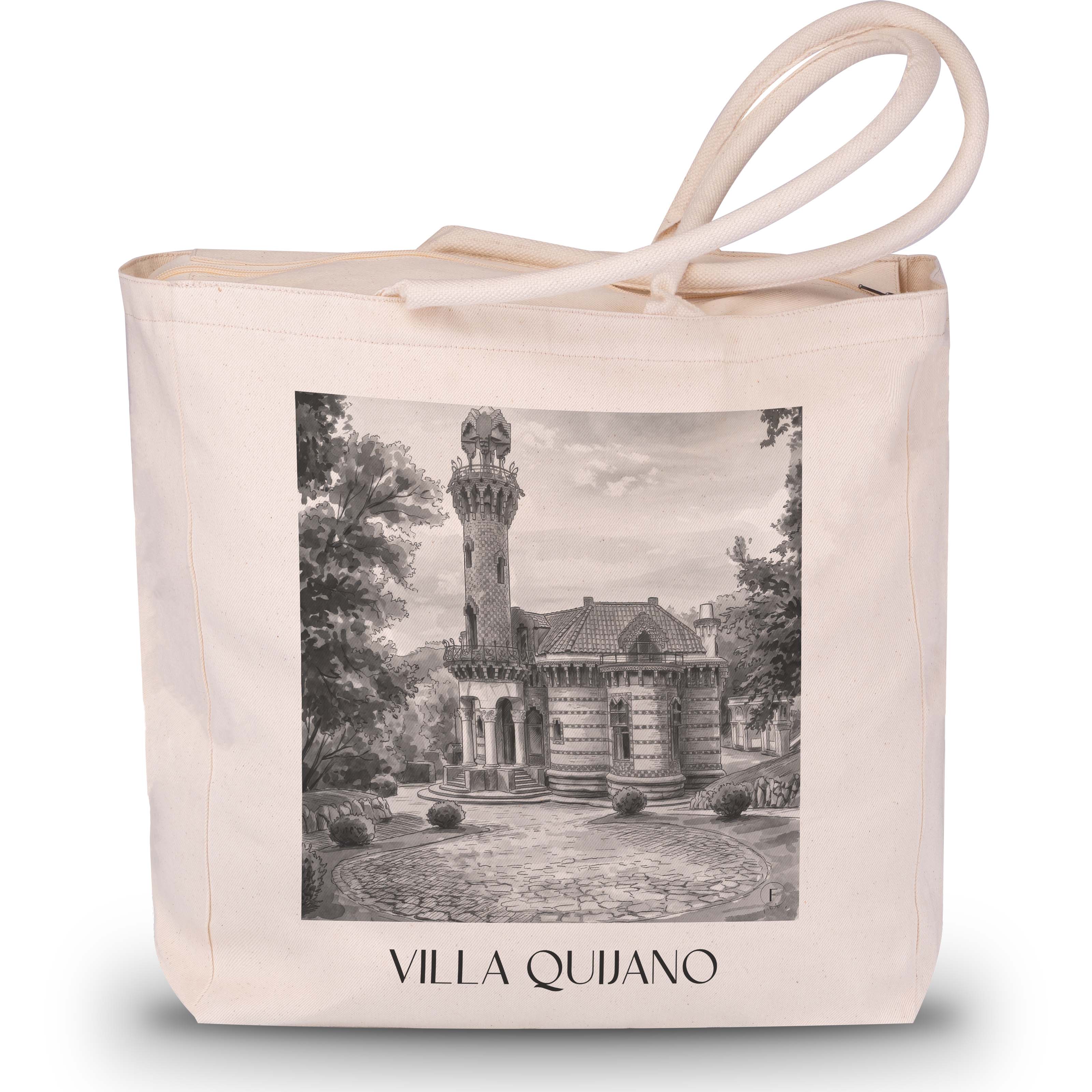 Villa Quijano Shopping Tasche - Comillas - Spanien Tote Bag - Einkaufstasche im Aquarell Schwarz-Weiß Stil - favplace