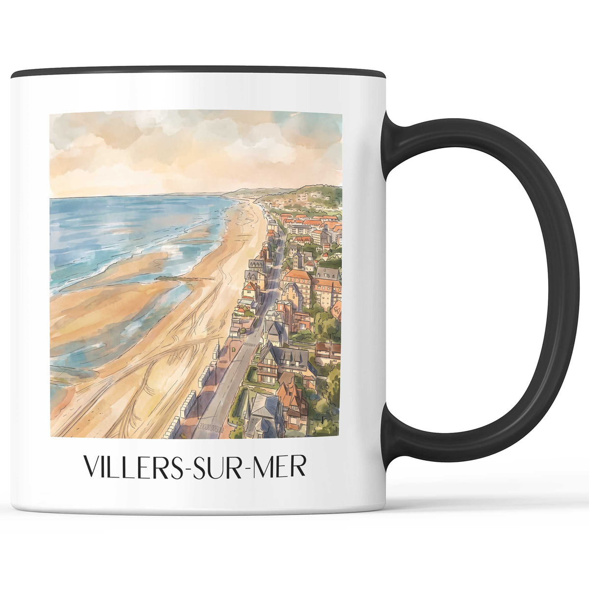 villers-sur-mer-côte-fleurie-frankreich-kaffeebecher-aquarell