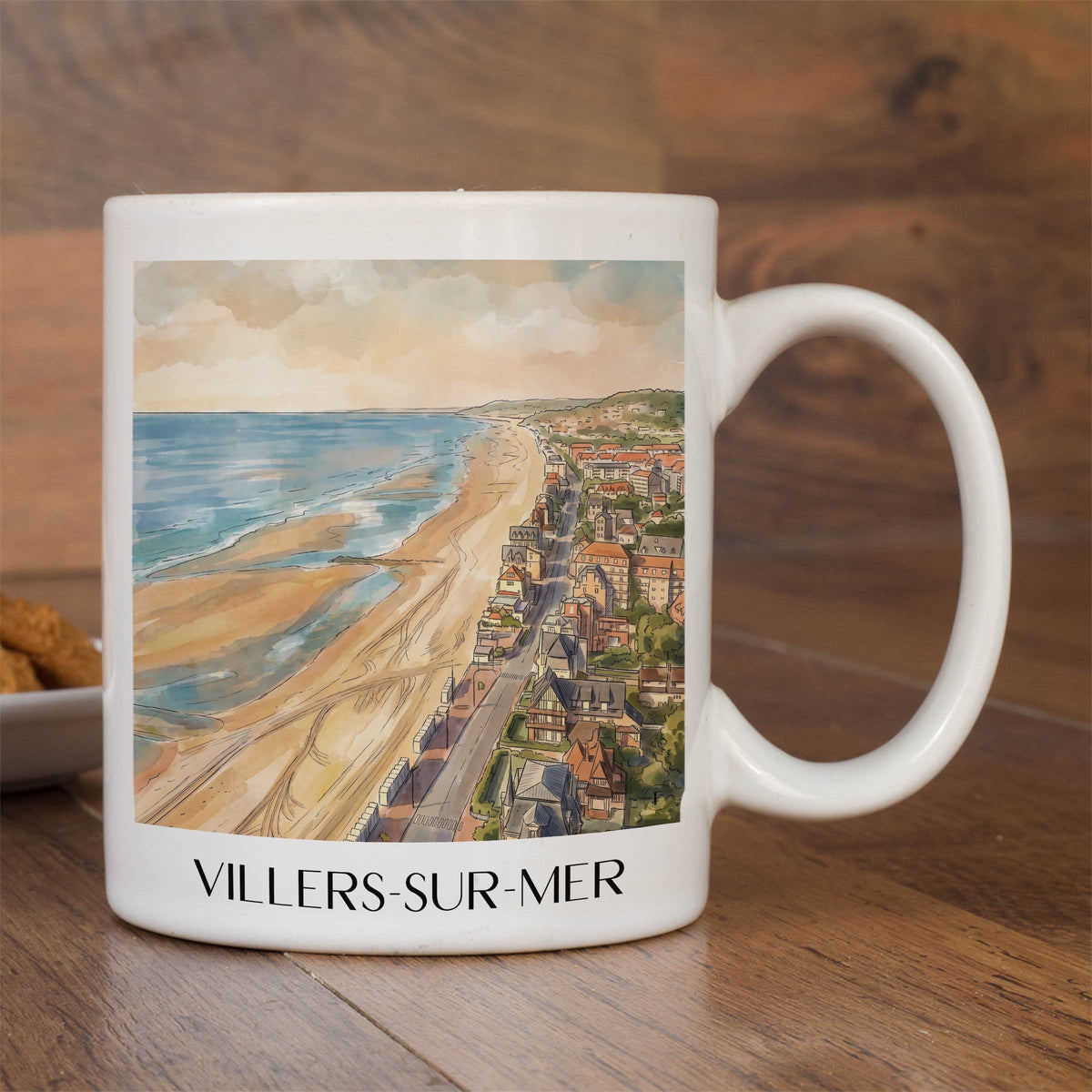 villers-sur-mer-côte-fleurie-frankreich-kaffeebecher-aquarell