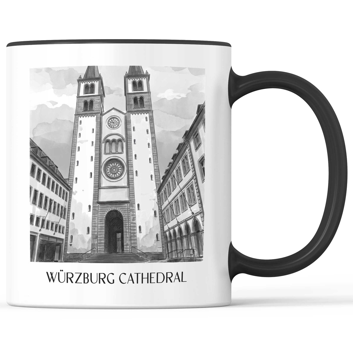 Würzburger Dom Kaffeebecher - Franken - Deutschland Becher - Kaffeetasse im Aquarell Schwarz-Weiß Stil - favplace