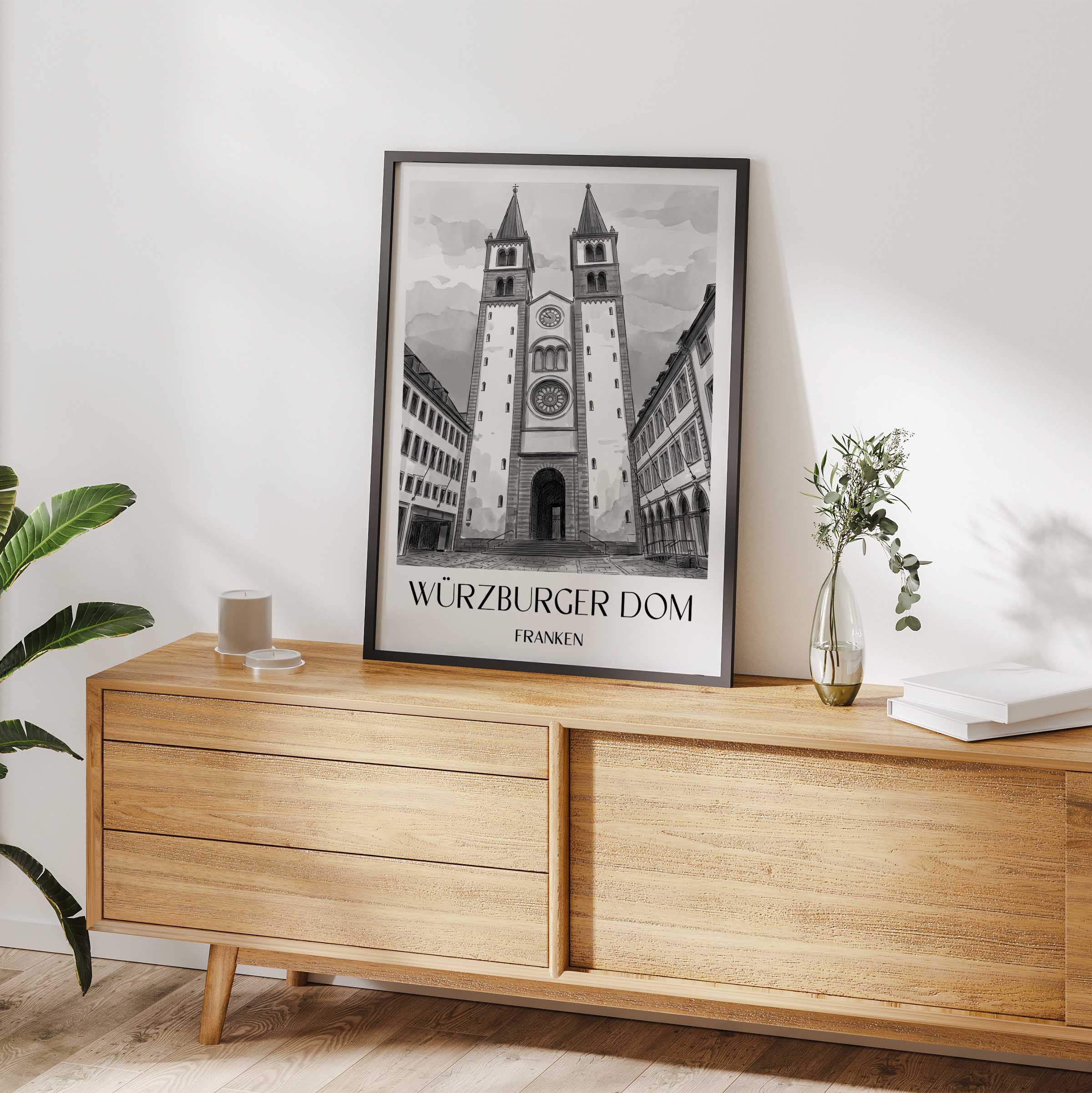 würzburger-dom-franken-deutschland-poster-aquarell-schwarz-weiss