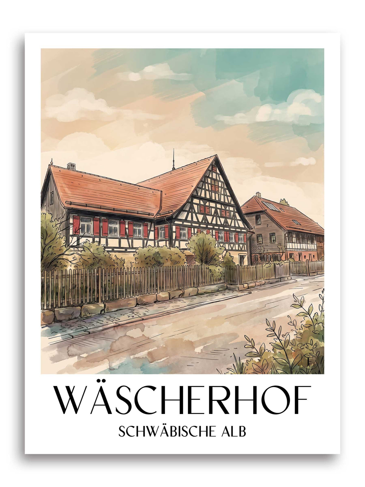 wäscherhof-schwäbische-alb-deutschland-poster-aquarell