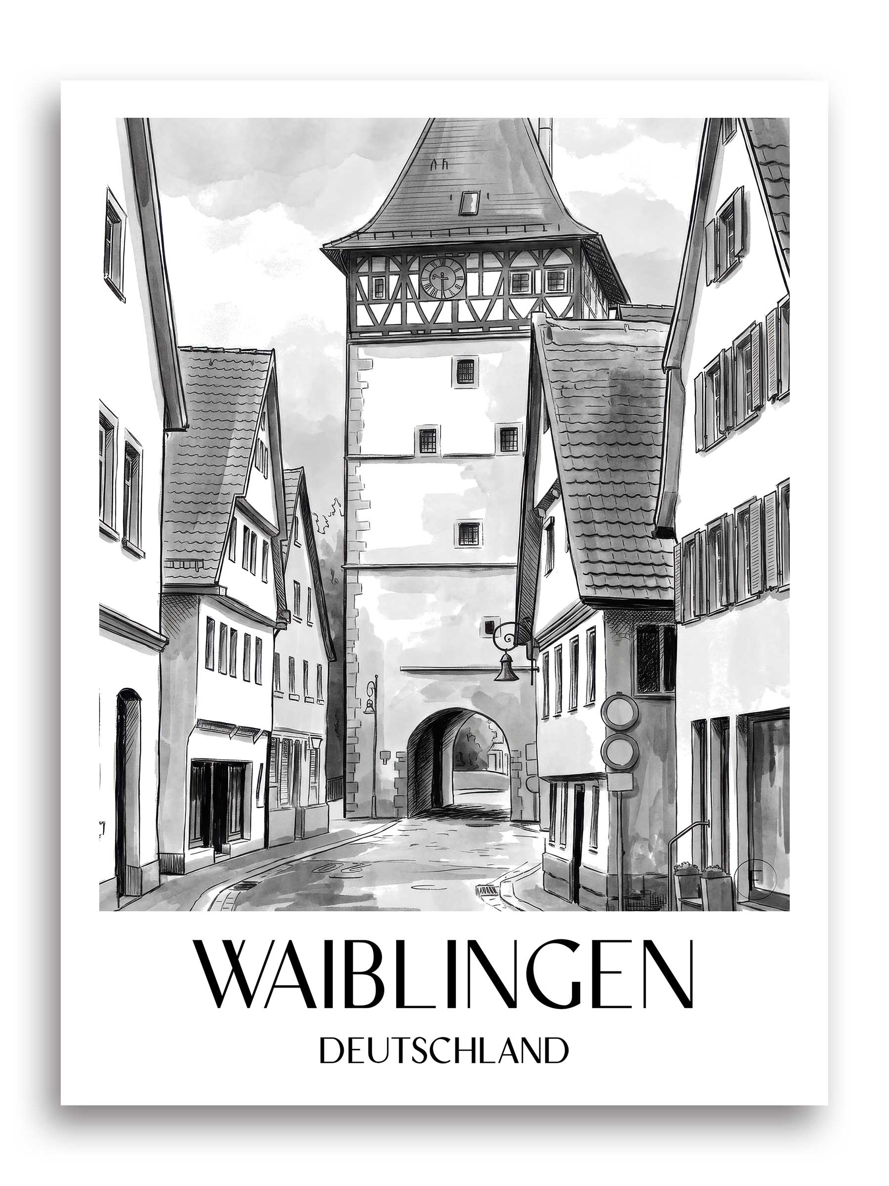 waiblingen-deutschland-poster-aquarell-schwarz-weiss