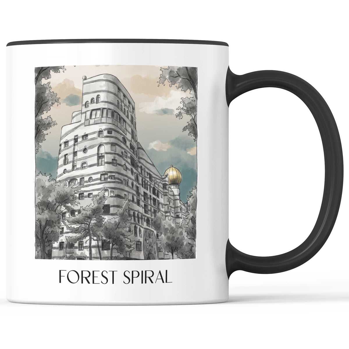 Waldspirale Kaffeebecher - Darmstadt - Deutschland Becher - Kaffeetasse im Aquarell Schwarz-Weiß Stil - favplace