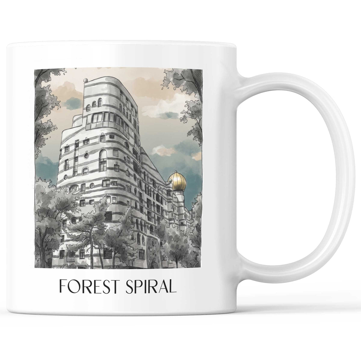 Waldspirale Kaffeebecher - Darmstadt - Deutschland Becher - Kaffeetasse im Aquarell Schwarz-Weiß Stil - favplace