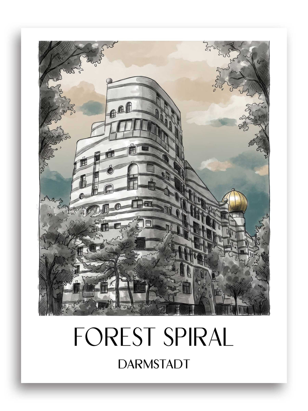 Waldspirale Poster - Darmstadt - Deutschland Kunstdruck - Aquarell Schwarz-Weiß von A4 bis A1 - favplace