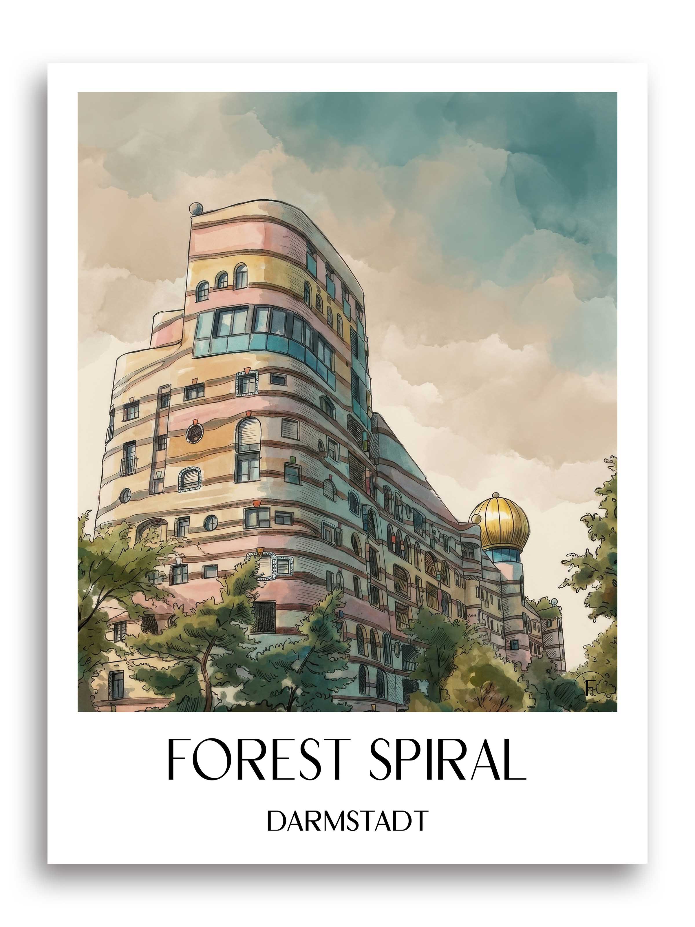 Waldspirale Poster - Darmstadt - Deutschland Kunstdruck - Aquarell von A4 bis A1 - favplace