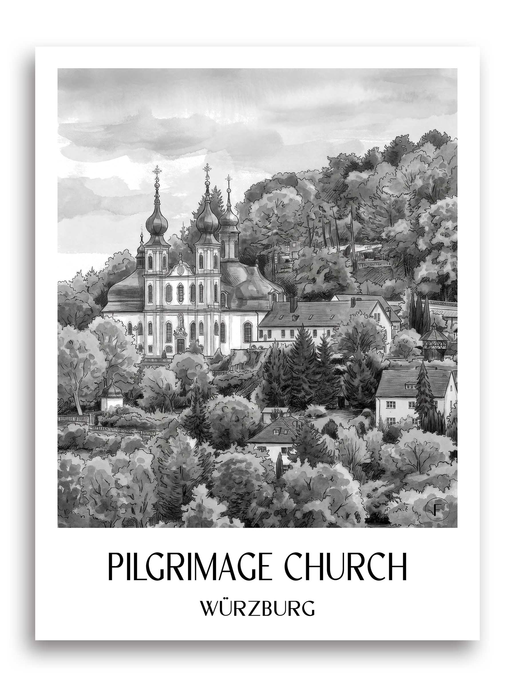 Wallfahrtskirche Poster - Würzburg - Deutschland Kunstdruck - Aquarell Schwarz-Weiß von A4 bis A1