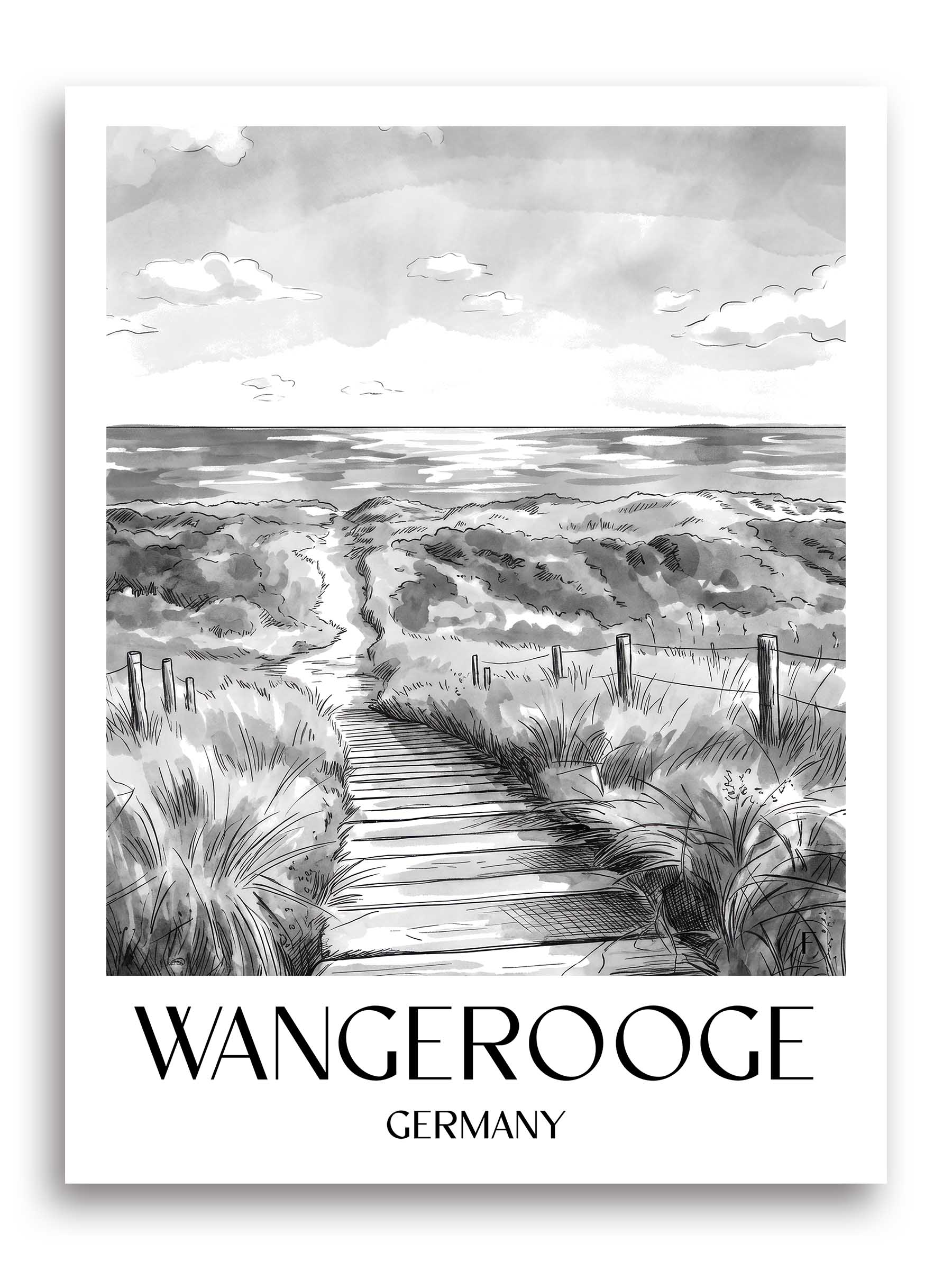 Wangerooge Poster - - Deutschland Kunstdruck - Aquarell Schwarz-Weiß von A4 bis A1 - favplace