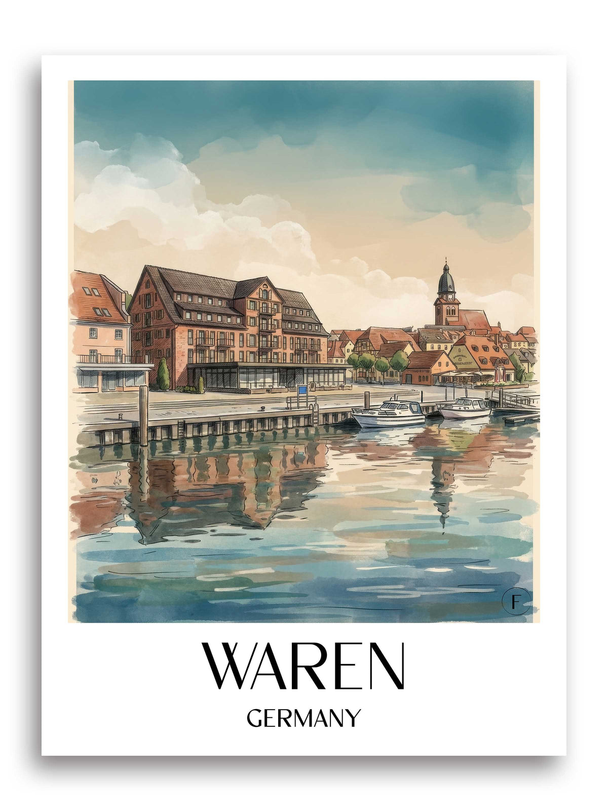 Waren Poster - Mecklenburgische Seenplatte - Deutschland Kunstdruck - Aquarell von A4 bis A1 - favplace