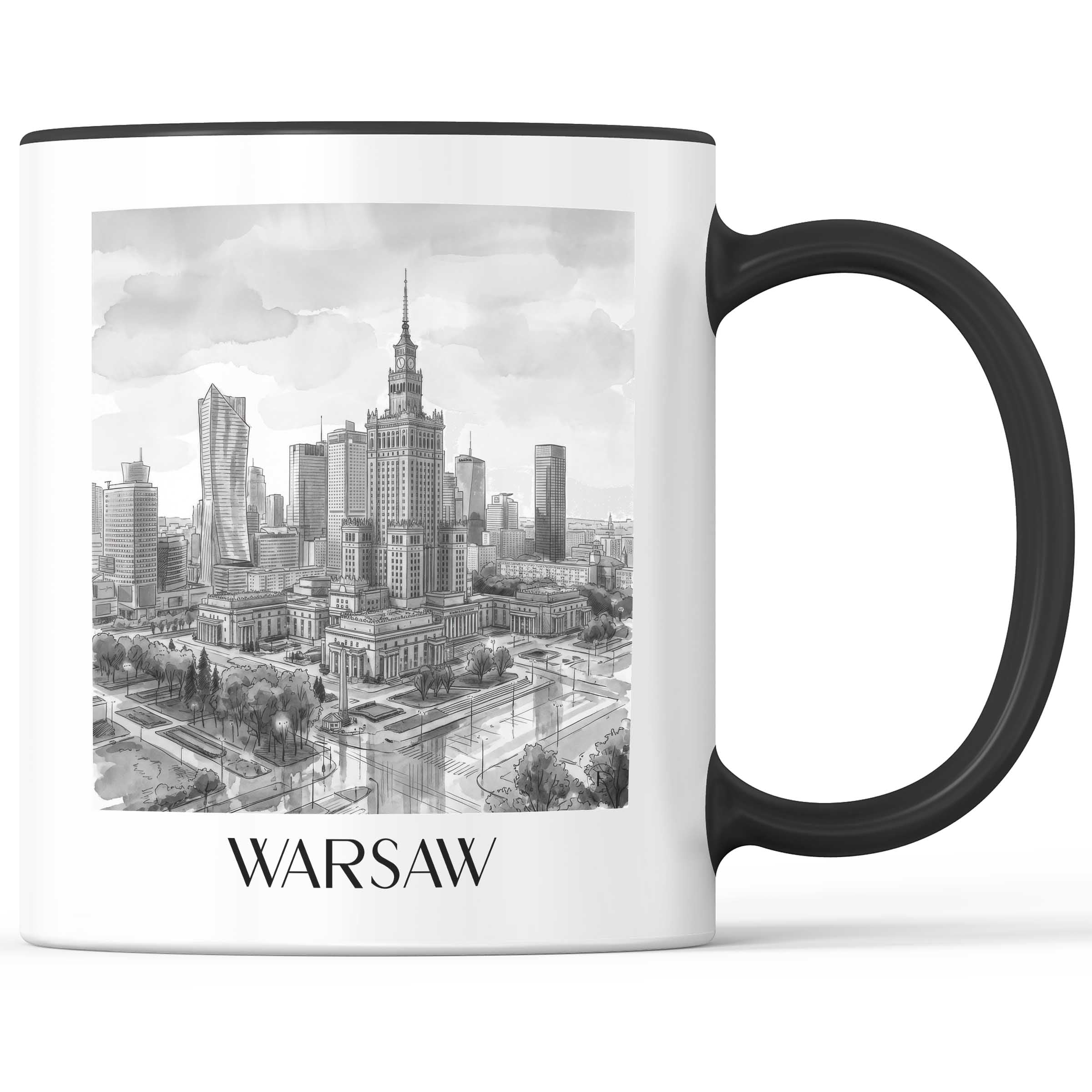 Warschau - Polen Becher - Kaffeetasse im Aquarell Schwarz-Weiß Stil - favplace