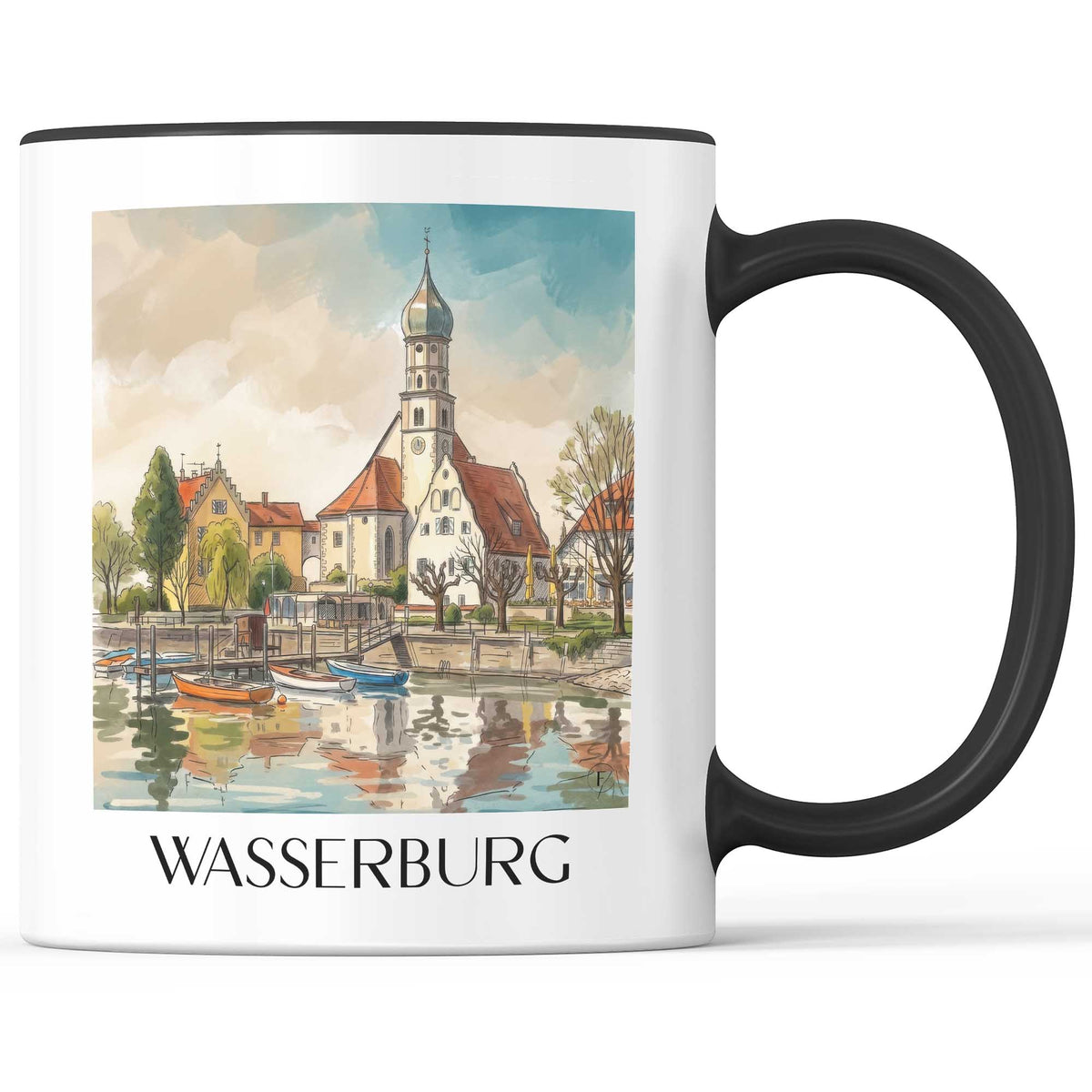wasserburg-bodensee-deutschland-kaffeebecher-aquarell