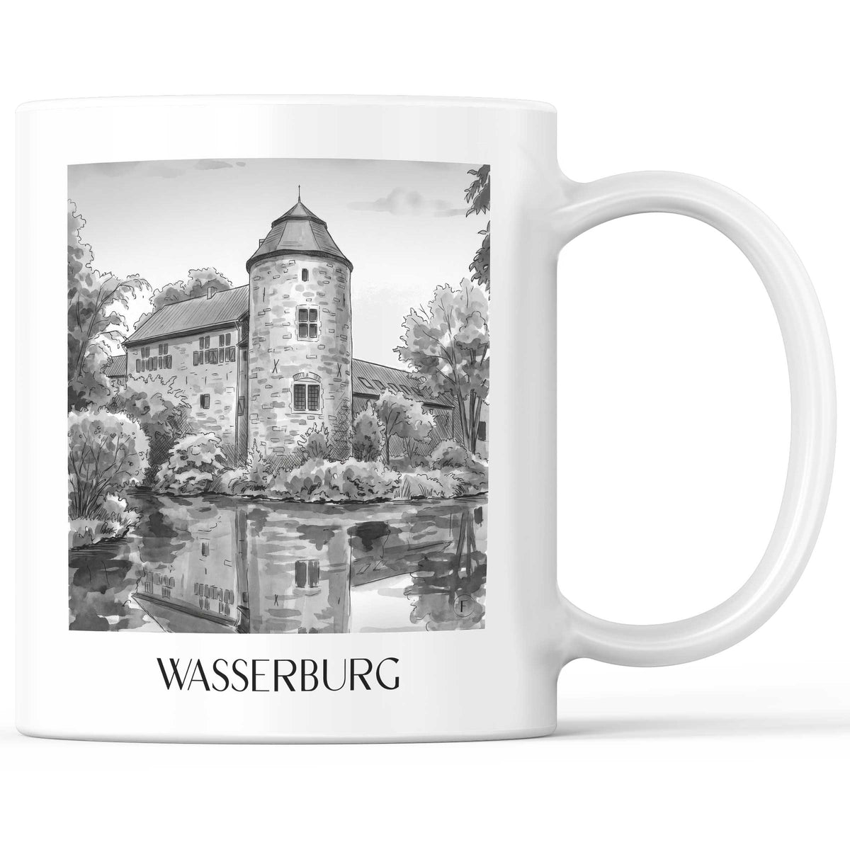 Wasserburg Kaffeebecher - Ratingen - Deutschland Becher - Kaffeetasse im Aquarell Schwarz-Weiß Stil - favplace