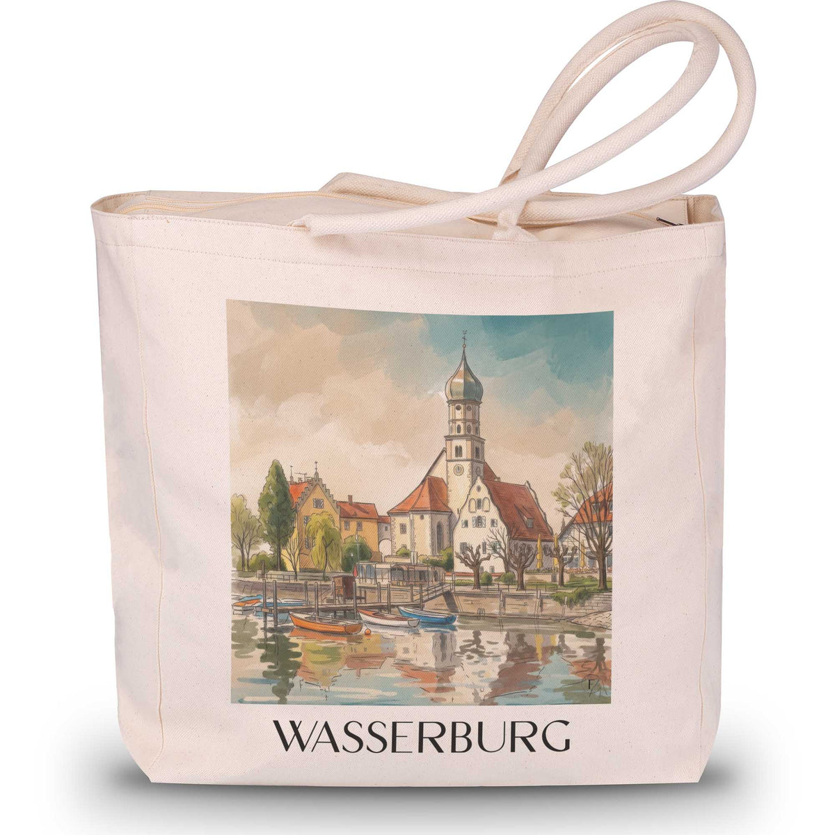wasserburg-bodensee-deutschland-einkaufstasche-aquarell