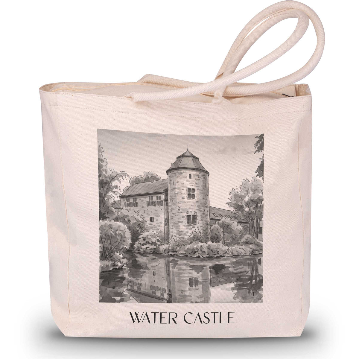 Wasserburg Shopping Tasche - Ratingen - Deutschland Tote Bag - Einkaufstasche im Aquarell Schwarz-Weiß Stil - favplace