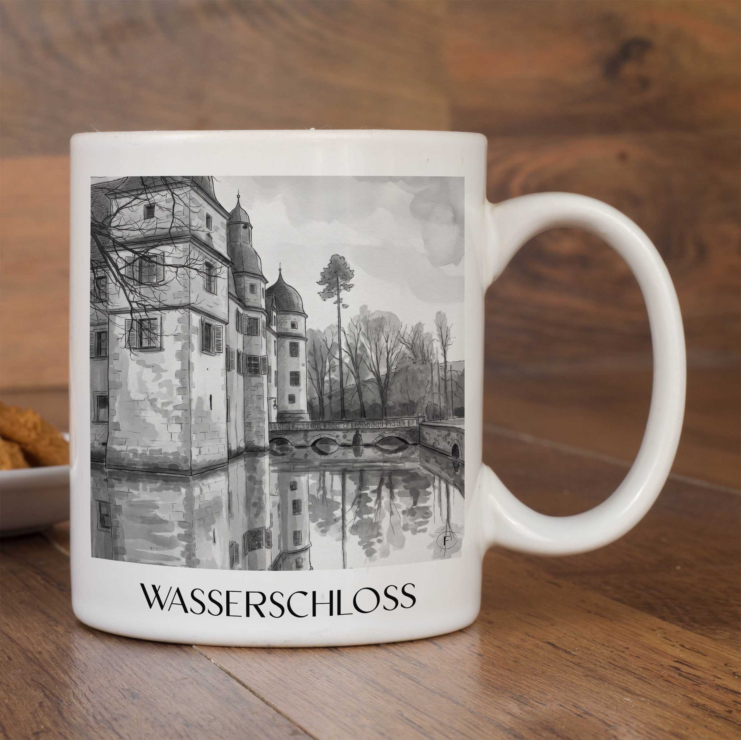 wasserschloss-mitwitz-deutschland-kaffeebecher-aquarell-schwarz-weiss