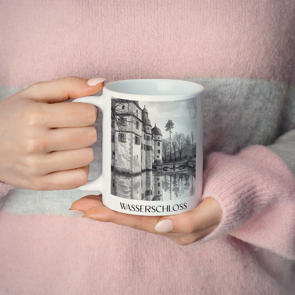 wasserschloss-mitwitz-deutschland-kaffeebecher-aquarell-schwarz-weiss