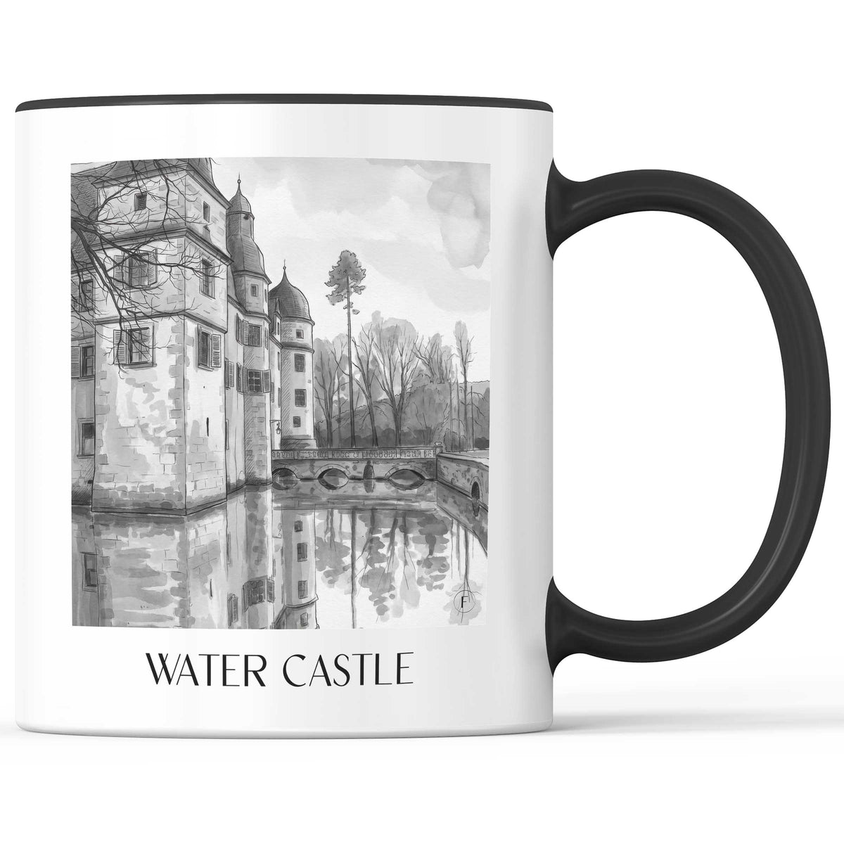 Wasserschloss Kaffeebecher - Mitwitz - Deutschland Becher - Kaffeetasse im Aquarell Schwarz-Weiß Stil - favplace