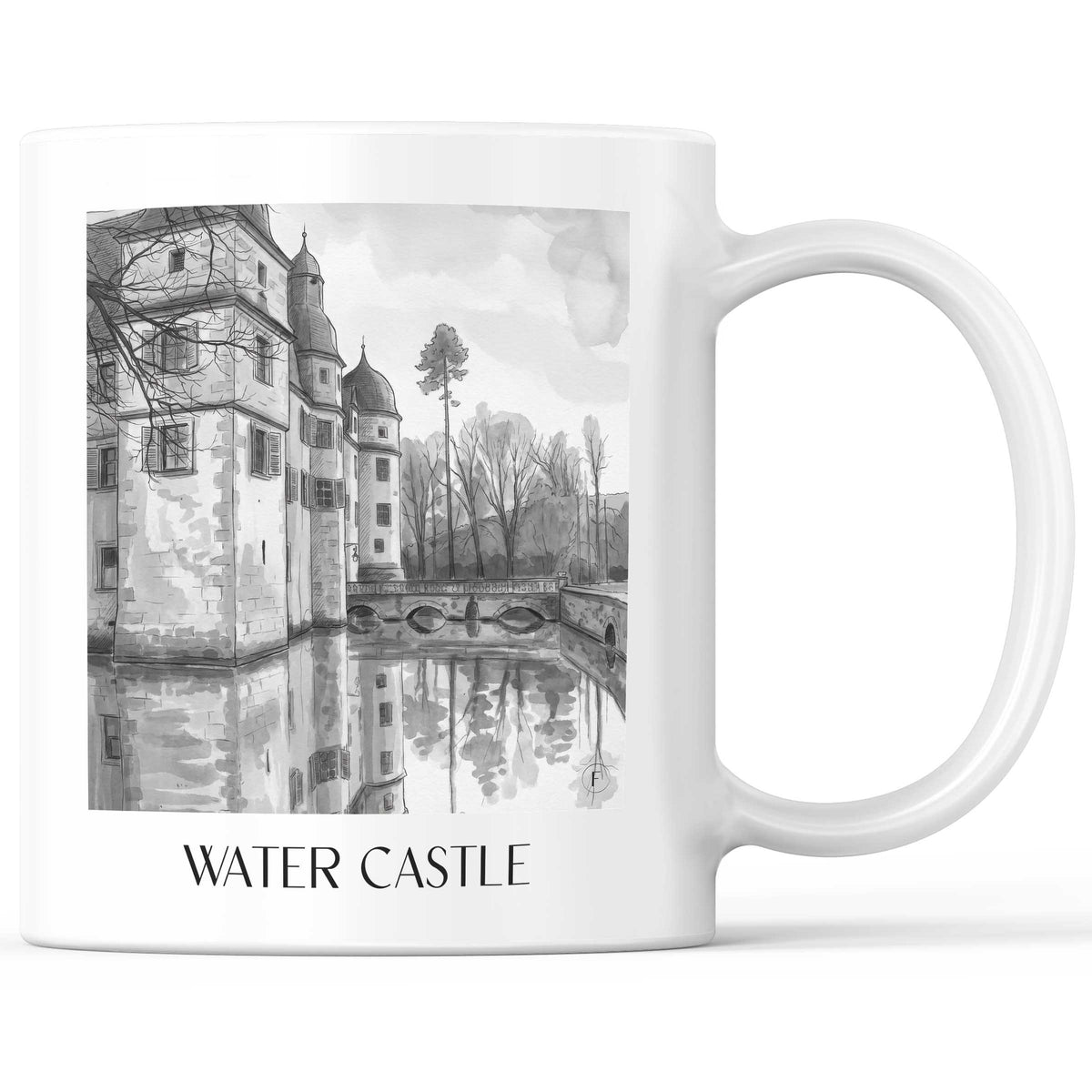 Wasserschloss Kaffeebecher - Mitwitz - Deutschland Becher - Kaffeetasse im Aquarell Schwarz-Weiß Stil - favplace