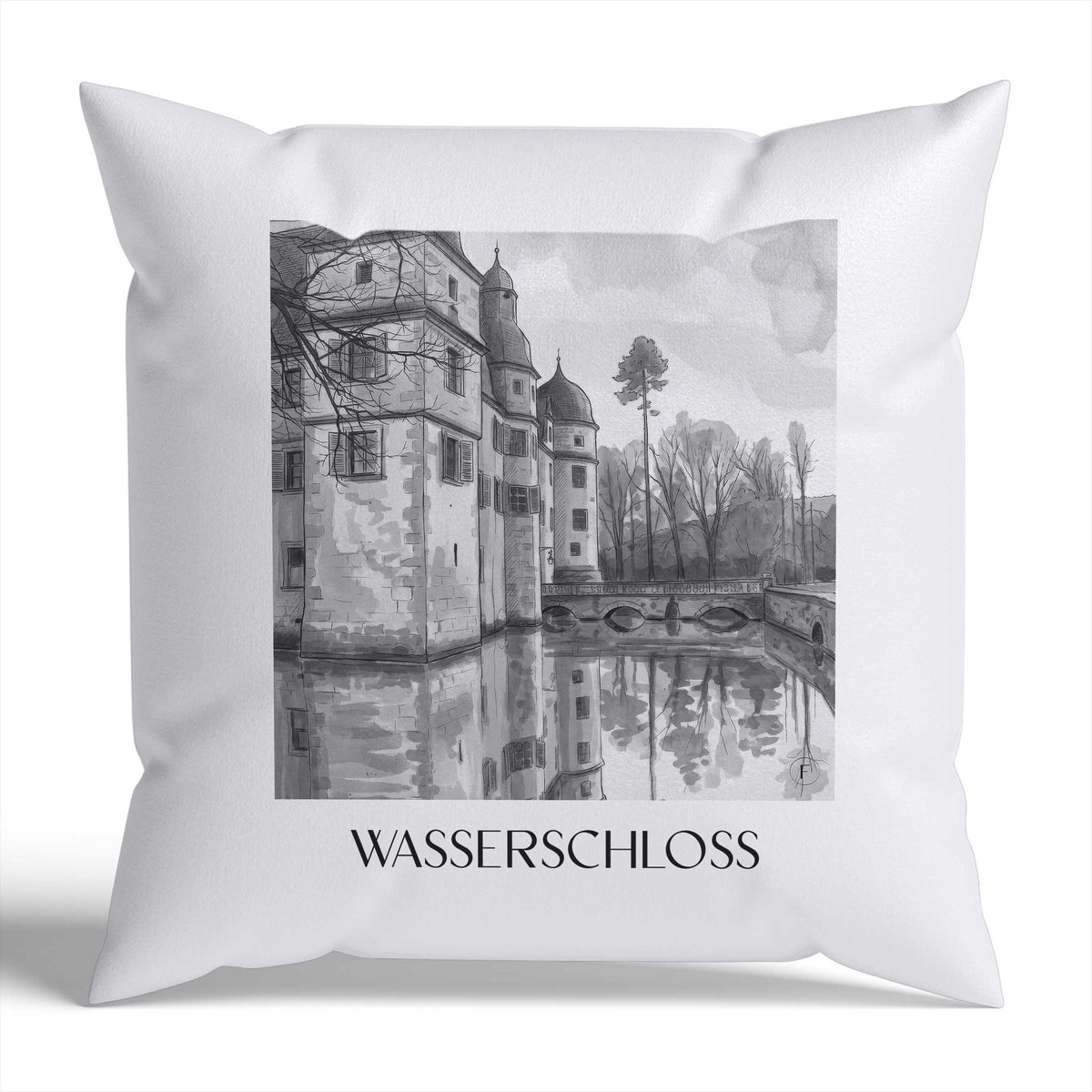 wasserschloss-mitwitz-deutschland-kissenbezug-aquarell-schwarz-weiss
