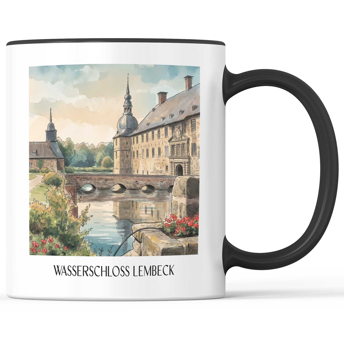 wasserschloss-lembeck-münsterland-deutschland-kaffeebecher-aquarell