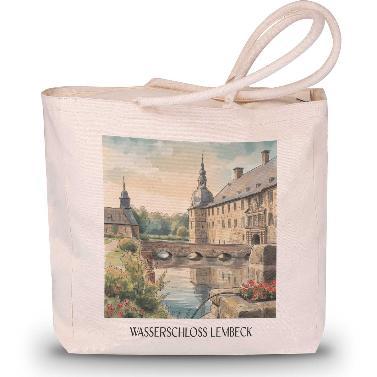 wasserschloss-lembeck-münsterland-deutschland-einkaufstasche-aquarell