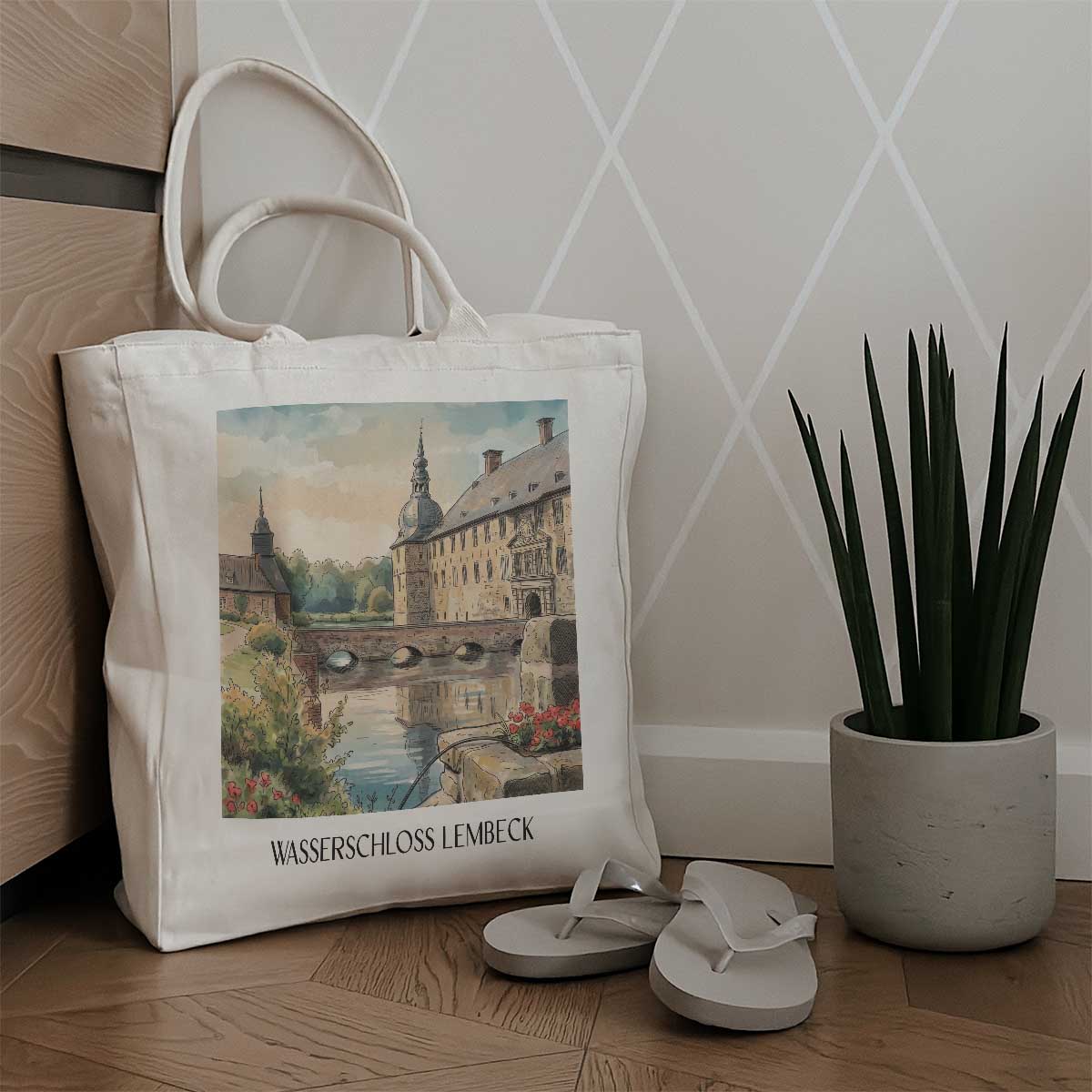 wasserschloss-lembeck-münsterland-deutschland-einkaufstasche-aquarell
