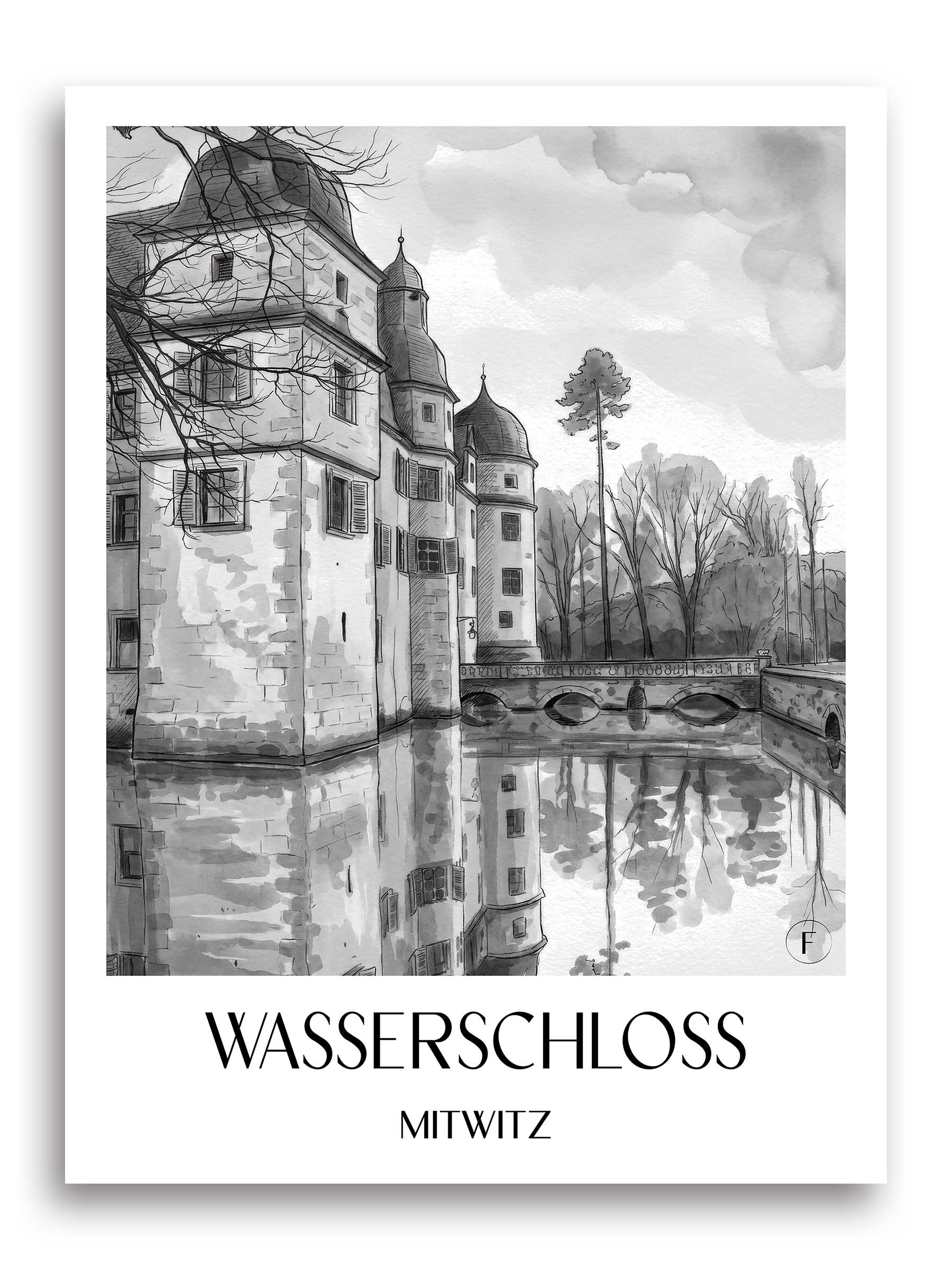 wasserschloss-mitwitz-deutschland-poster-aquarell-schwarz-weiss
