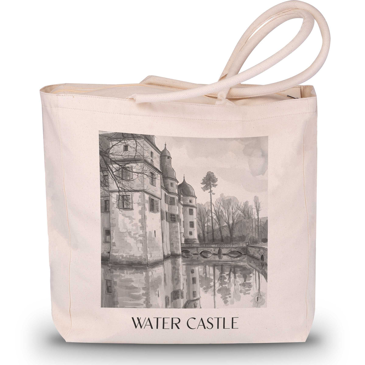 Wasserschloss Shopping Tasche - Mitwitz - Deutschland Tote Bag - Einkaufstasche im Aquarell Schwarz-Weiß Stil - favplace