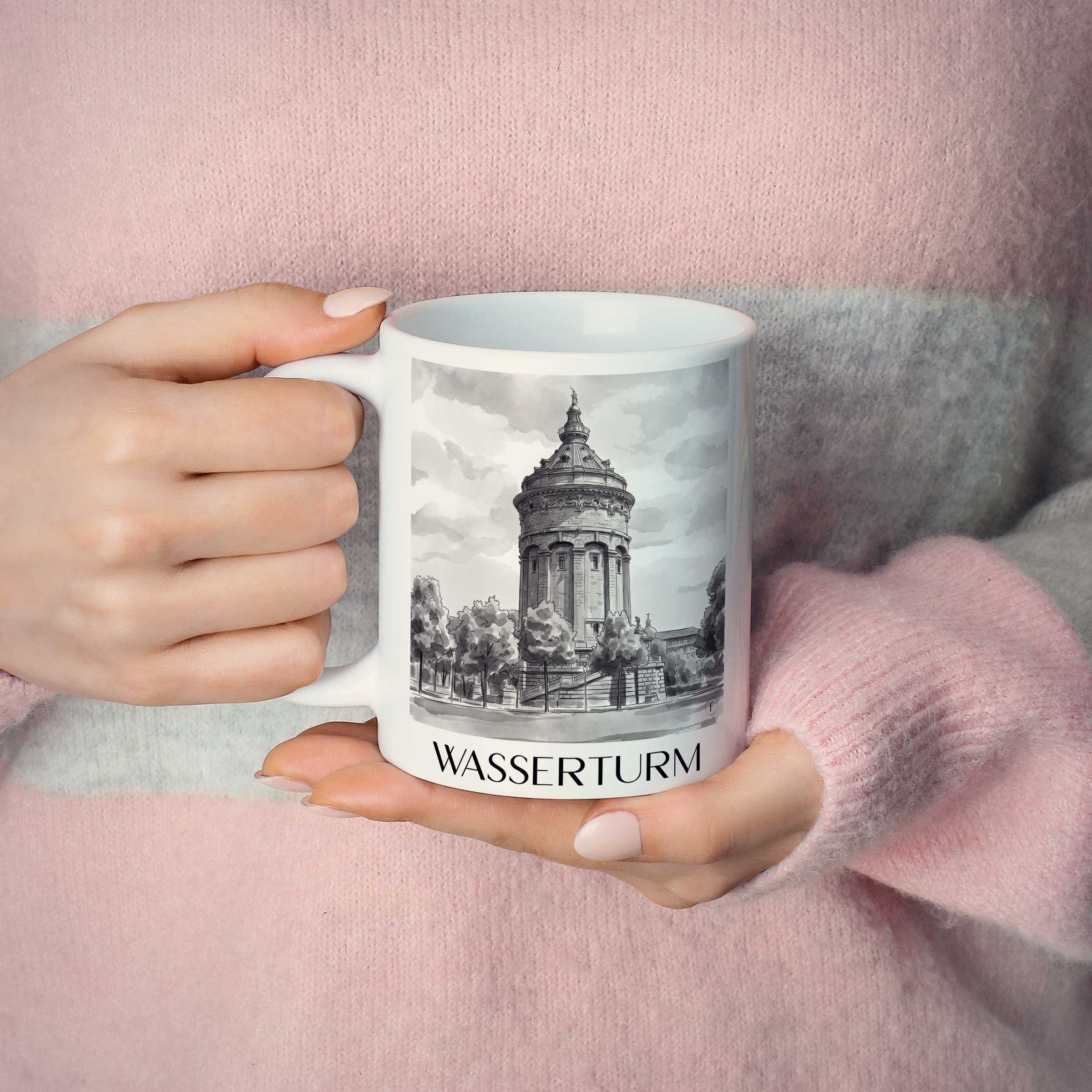 wasserturm-mannheim-deutschland-kaffeebecher-aquarell-schwarz-weiss