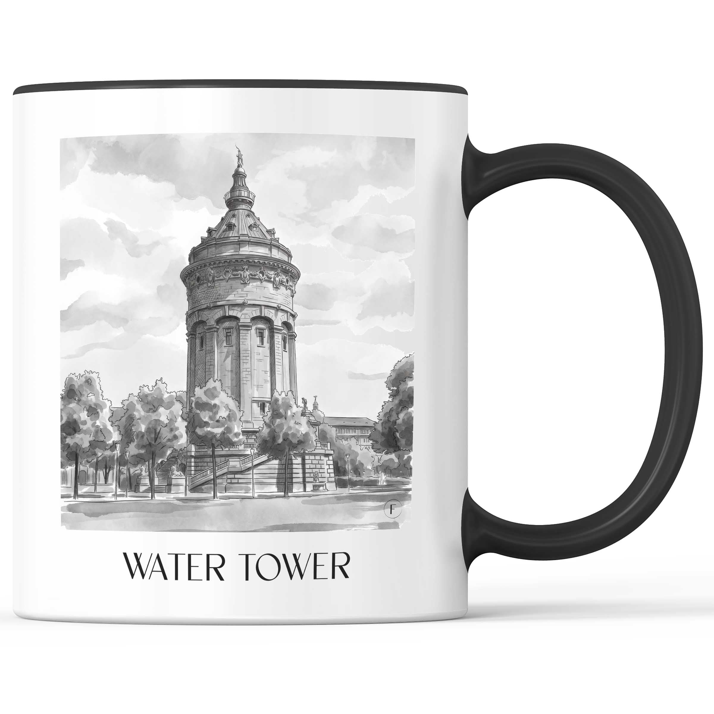 Wasserturm Kaffeebecher - Mannheim - Deutschland Becher - Kaffeetasse im Aquarell Schwarz-Weiß Stil - favplace
