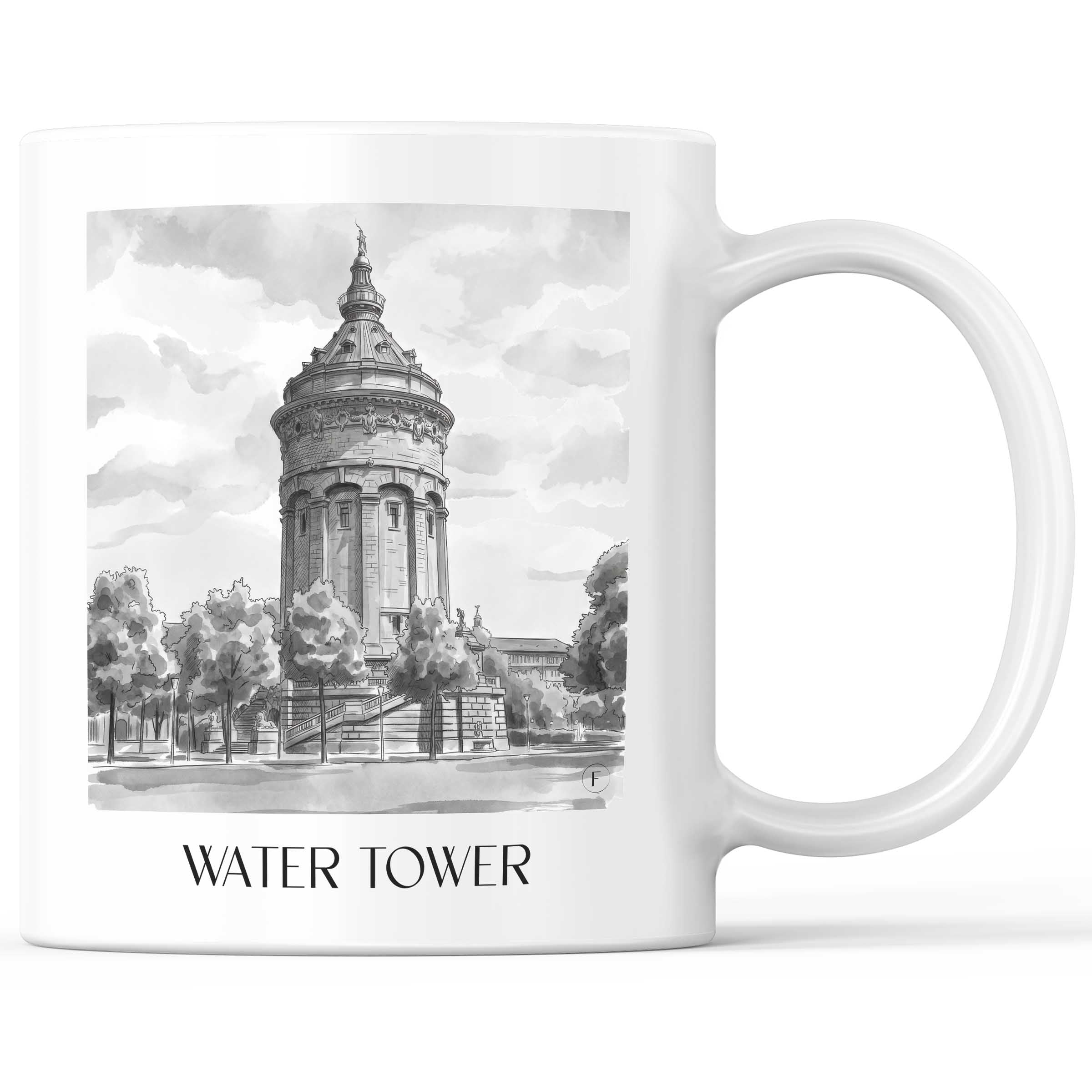 Wasserturm Kaffeebecher - Mannheim - Deutschland Becher - Kaffeetasse im Aquarell Schwarz-Weiß Stil - favplace