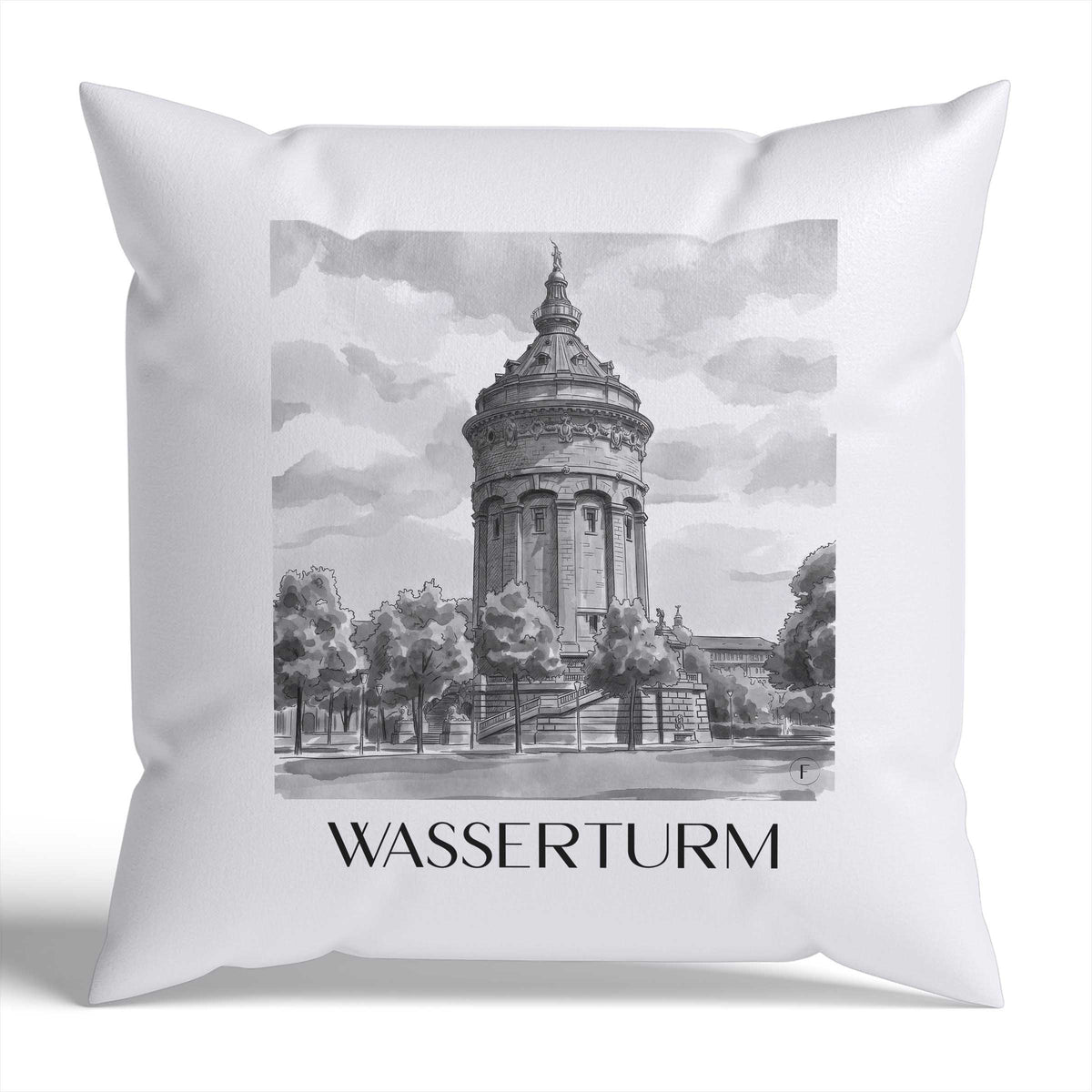 wasserturm-mannheim-deutschland-kissenbezug-aquarell-schwarz-weiss