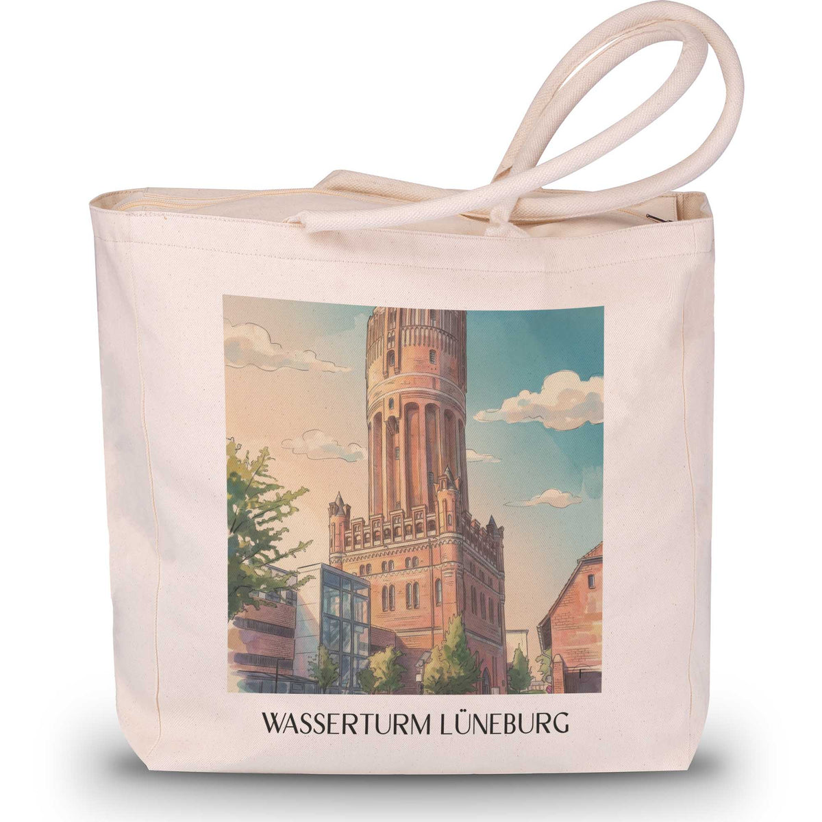 wasserturm-lüneburg-niedersachsen-deutschland-einkaufstasche-aquarell