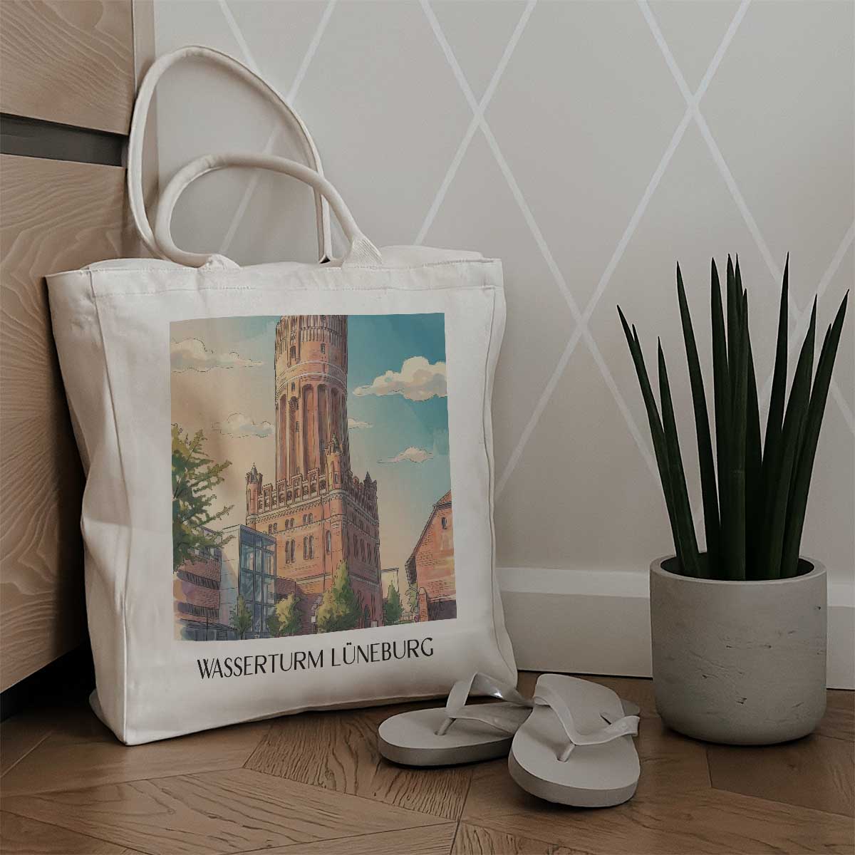 wasserturm-lüneburg-niedersachsen-deutschland-einkaufstasche-aquarell