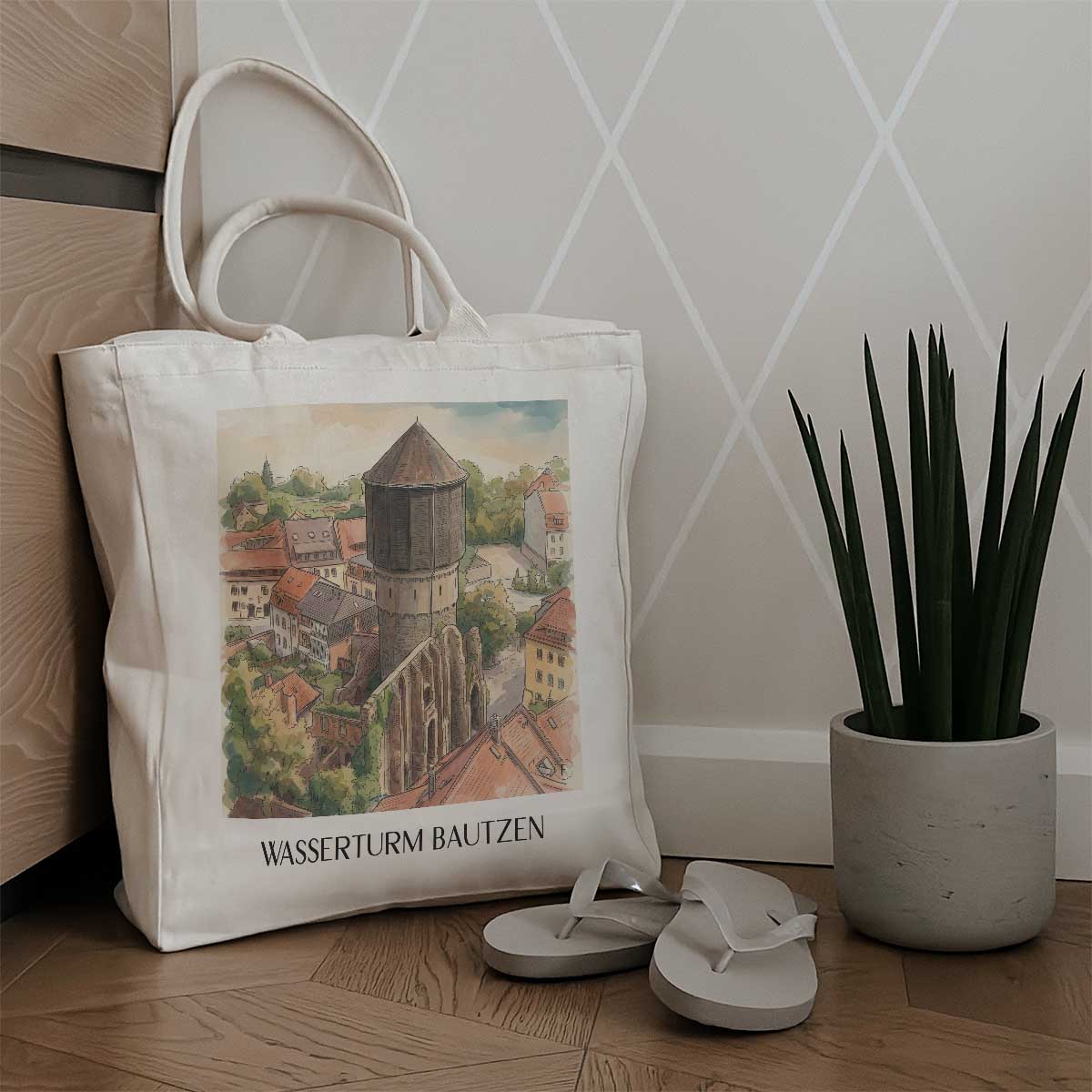 wasserturm-bautzen-deutschland-einkaufstasche-aquarell