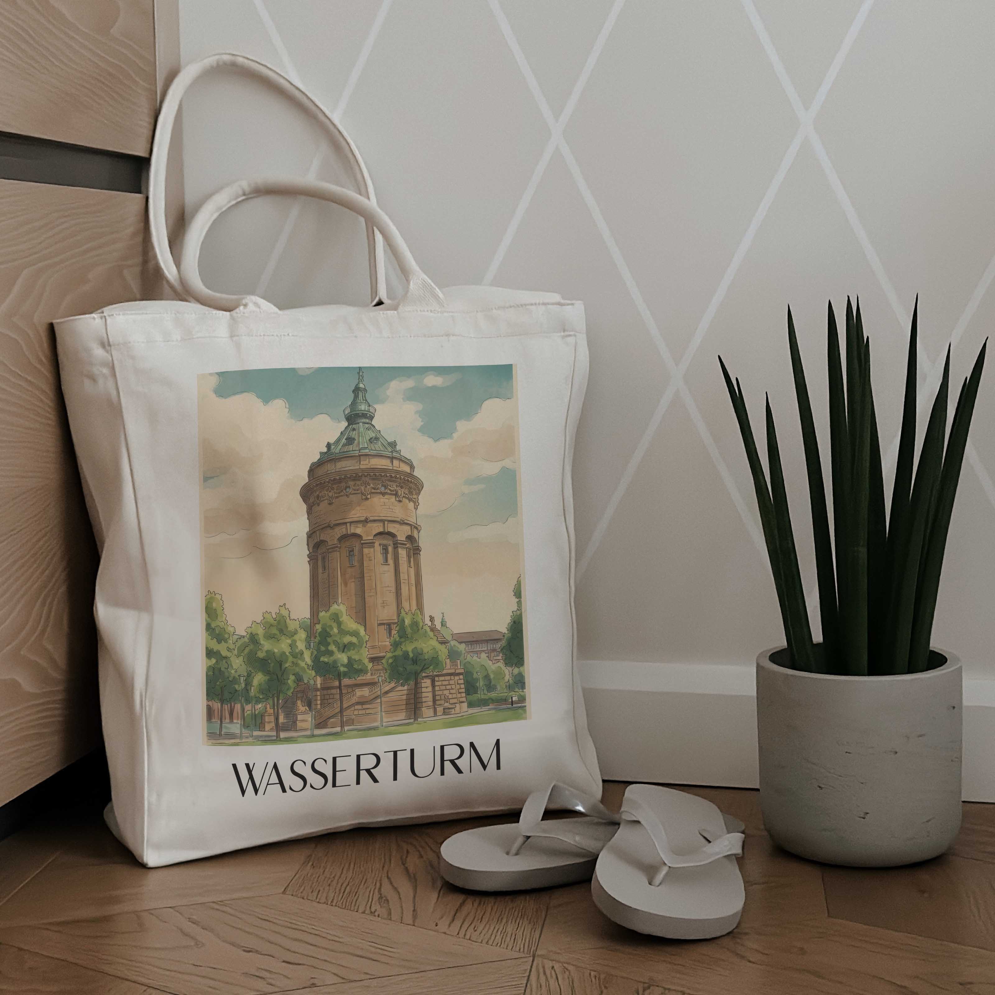 wasserturm-mannheim-deutschland-einkaufstasche-aquarell