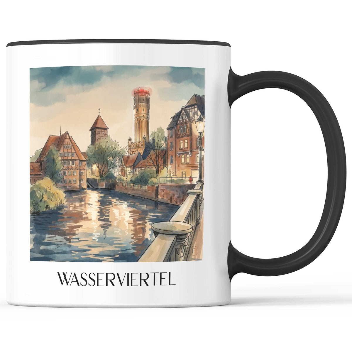 wasserviertel-lüneburg-deutschland-kaffeebecher-aquarell