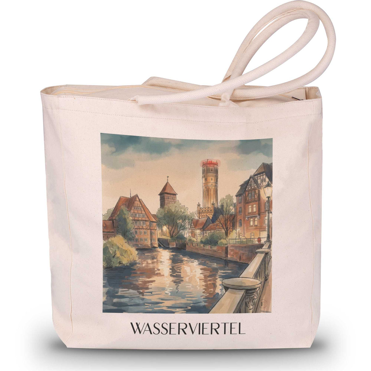 wasserviertel-lüneburg-deutschland-einkaufstasche-aquarell