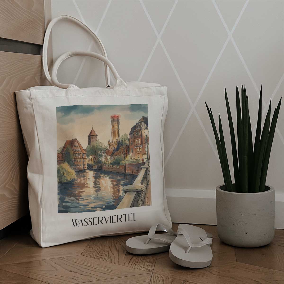 wasserviertel-lüneburg-deutschland-einkaufstasche-aquarell