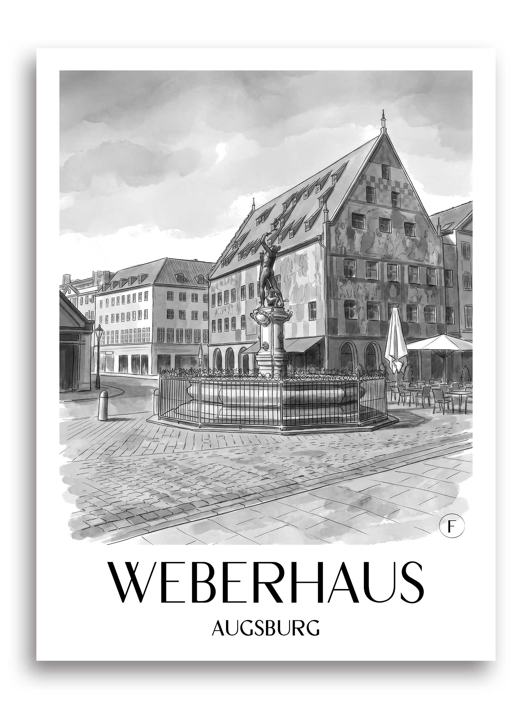 weberhaus-augsburg-deutschland-poster-aquarell-schwarz-weiss