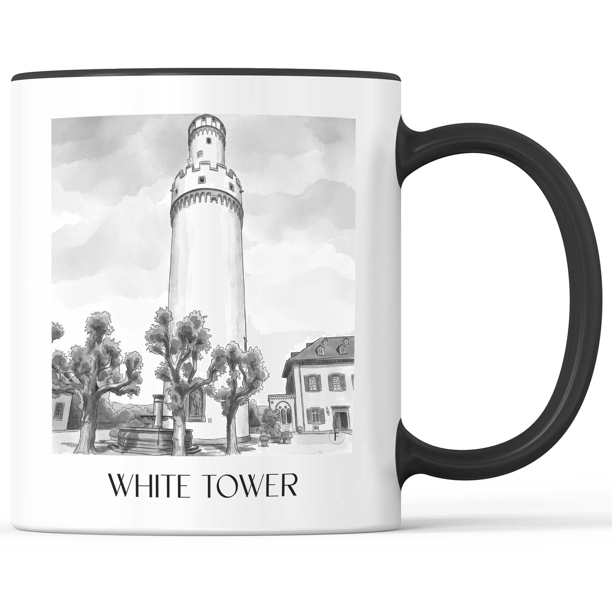 Weißer Turm Kaffeebecher - Bad Homburg - Deutschland Becher - Kaffeetasse im Aquarell Schwarz-Weiß Stil - favplace