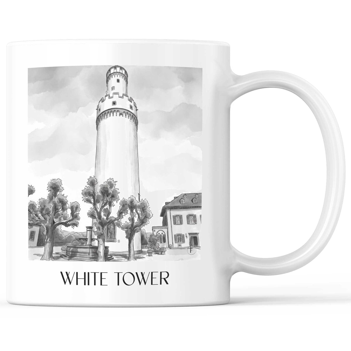 Weißer Turm Kaffeebecher - Bad Homburg - Deutschland Becher - Kaffeetasse im Aquarell Schwarz-Weiß Stil - favplace