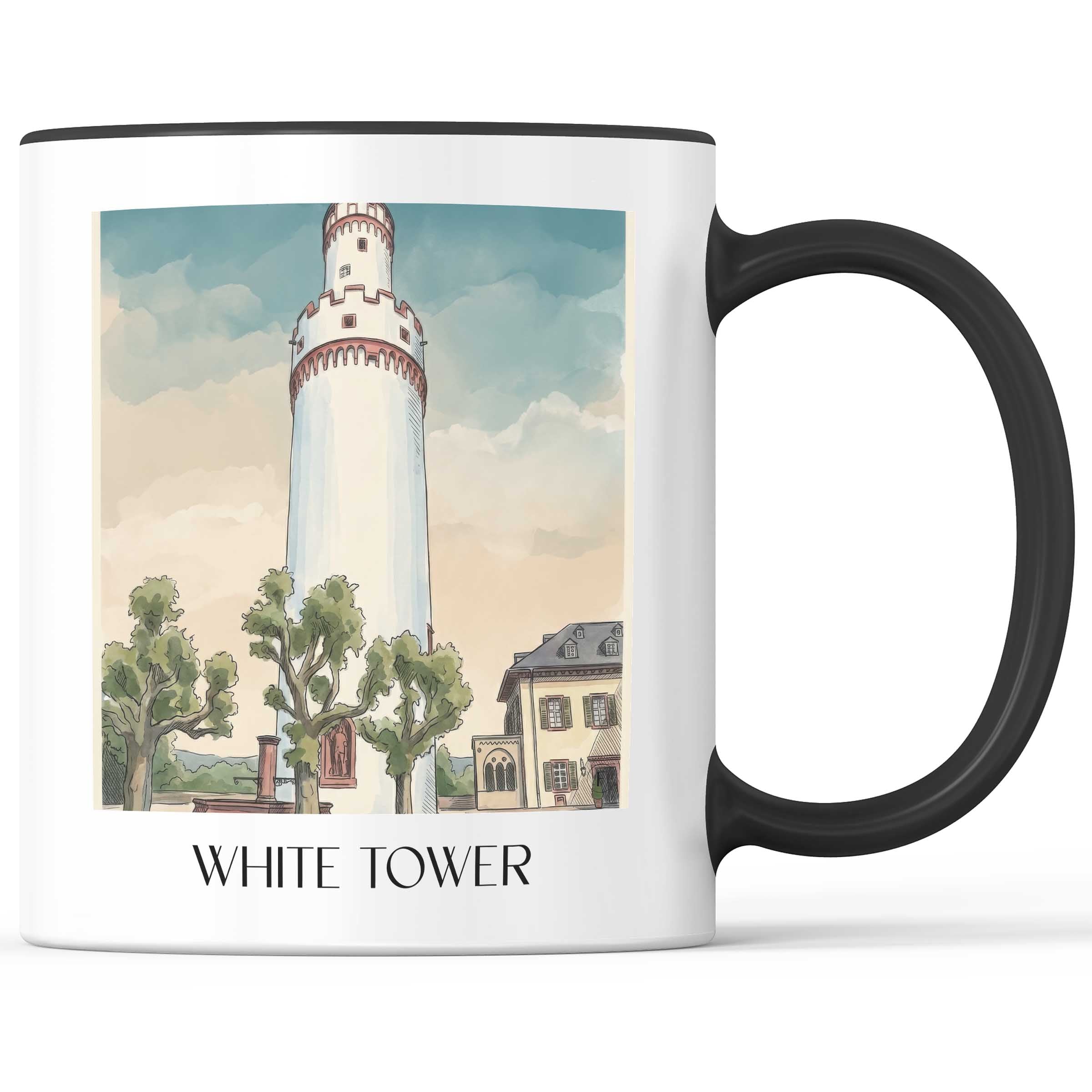 Weißer Turm Kaffeebecher - Bad Homburg - Deutschland Becher - Kaffeetasse im Aquarell Stil - favplace