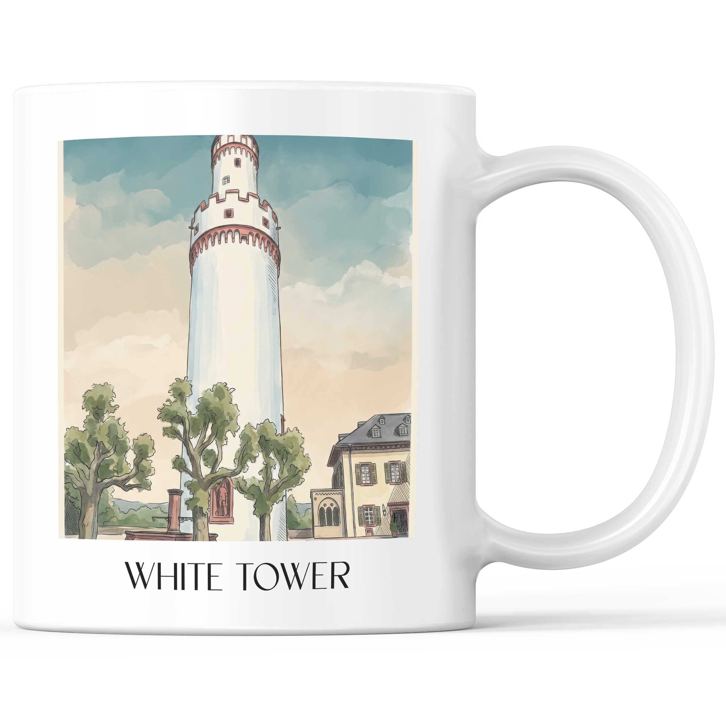 Weißer Turm Kaffeebecher - Bad Homburg - Deutschland Becher - Kaffeetasse im Aquarell Stil - favplace