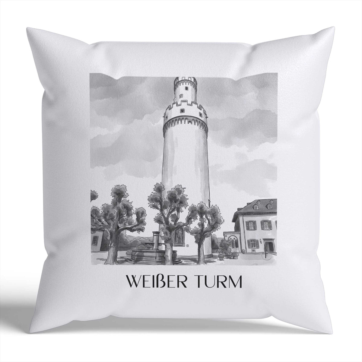 weißer-turm-bad-homburg-deutschland-kissenbezug-aquarell-schwarz-weiss
