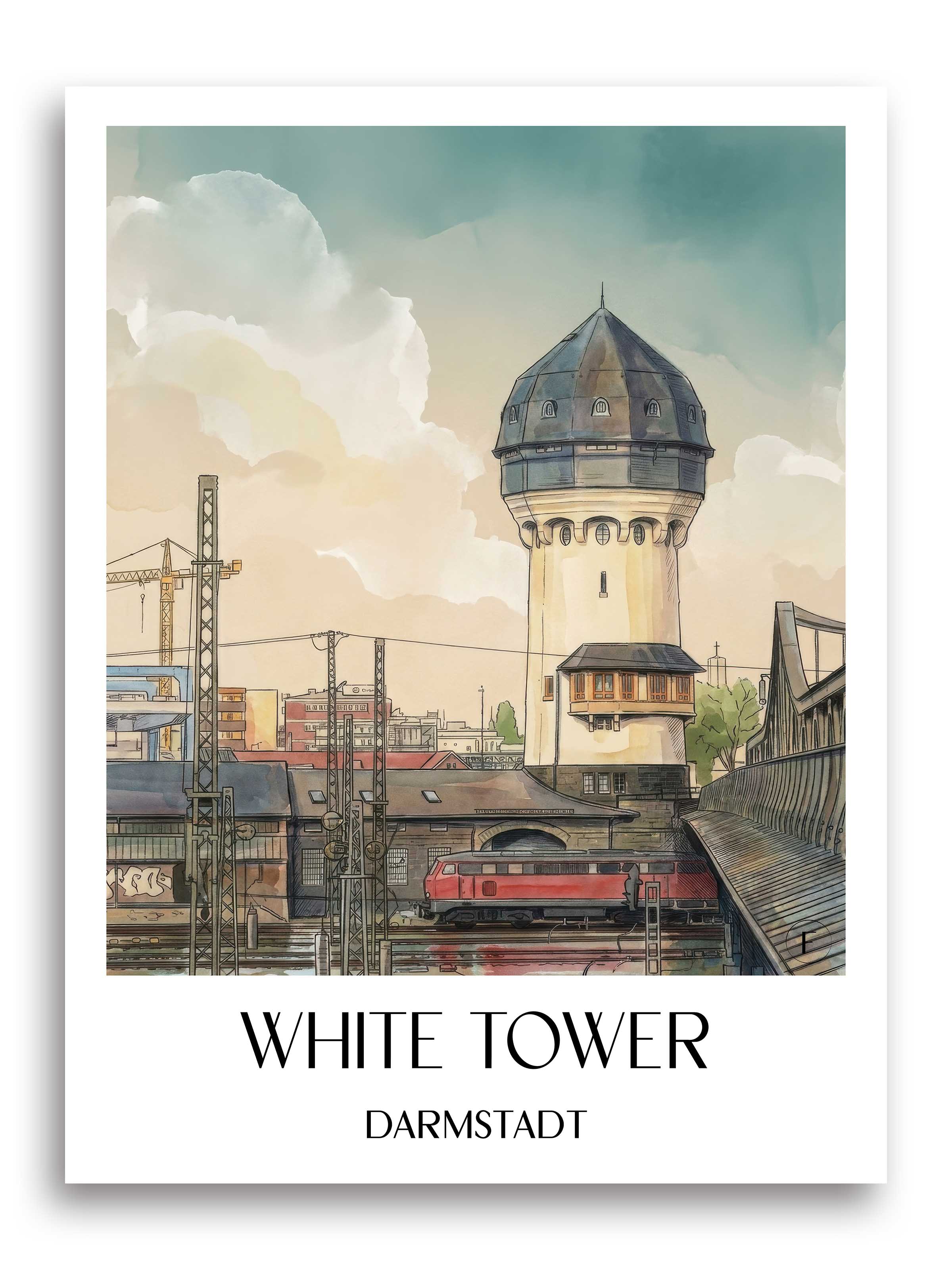 Weißer Turm Poster - Darmstadt - Deutschland Kunstdruck - Aquarell von A4 bis A1 - favplace