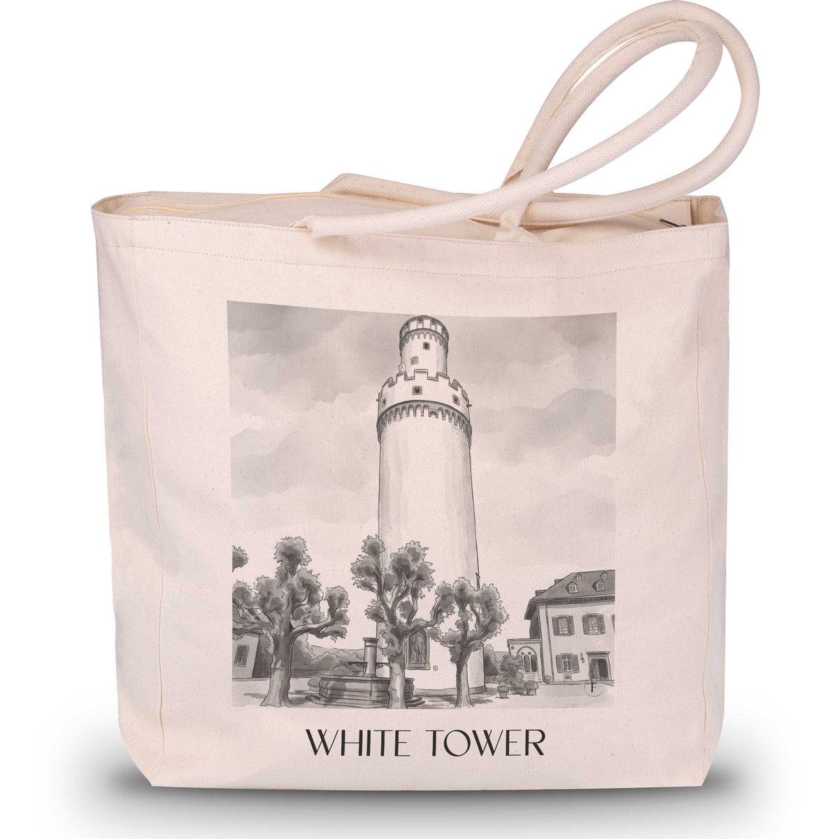 Weißer Turm Shopping Tasche - Bad Homburg - Deutschland Tote Bag - Einkaufstasche im Aquarell Schwarz-Weiß Stil - favplace