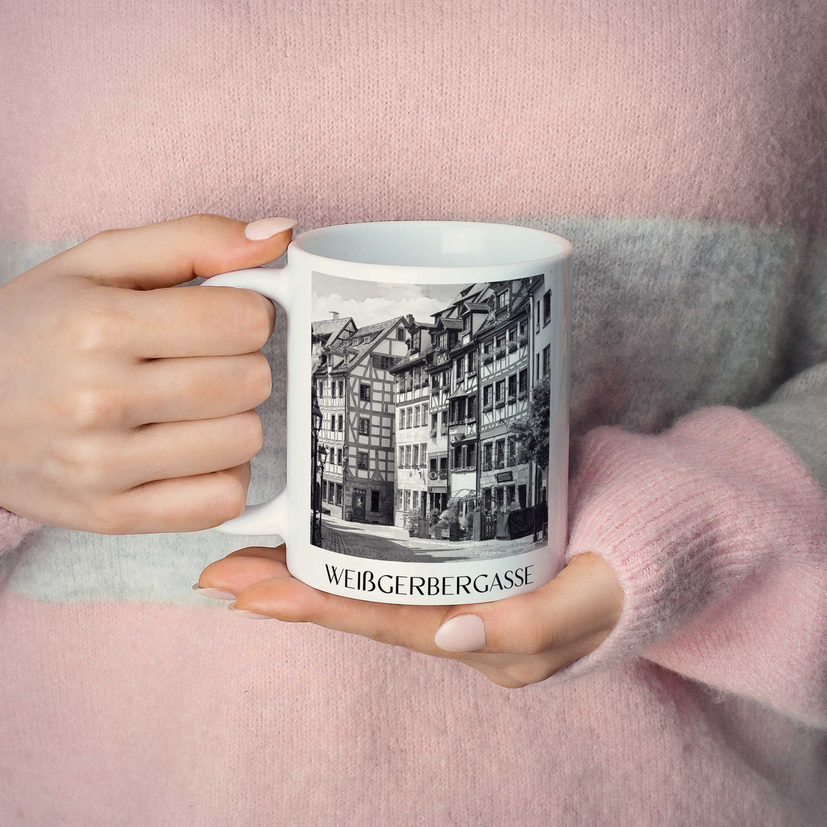weißgerbergasse-nürnberg-deutschland-kaffeebecher-aquarell-schwarz-weiss